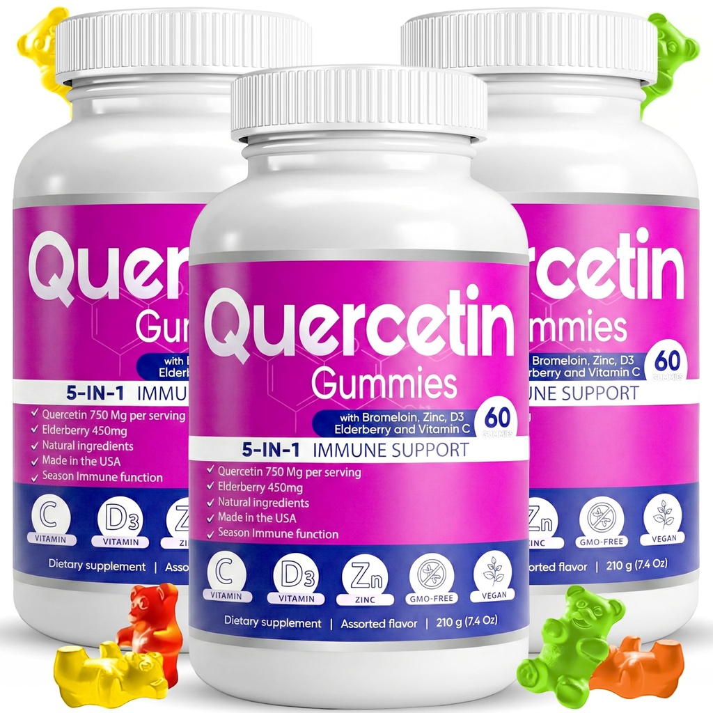 (3 pakiranja) Quercetin Gummies by BioVitalica - Quercetin z bromelainom Vitamin C in cink & Elderberry + Vitamin D3-5 v 1 Imunska podpora - cink Quercetin 750 mg za otroke in odrasle