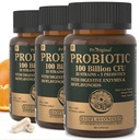 Organski probiotiki za ženske in moške, 100 milijard CFU probiotik za digestiv, Gut & Immune Health - s prebiotiki, Bioflavonoidi in prebavni encimi, 35 sevi Surovi probiotični dodatek, 180 kap