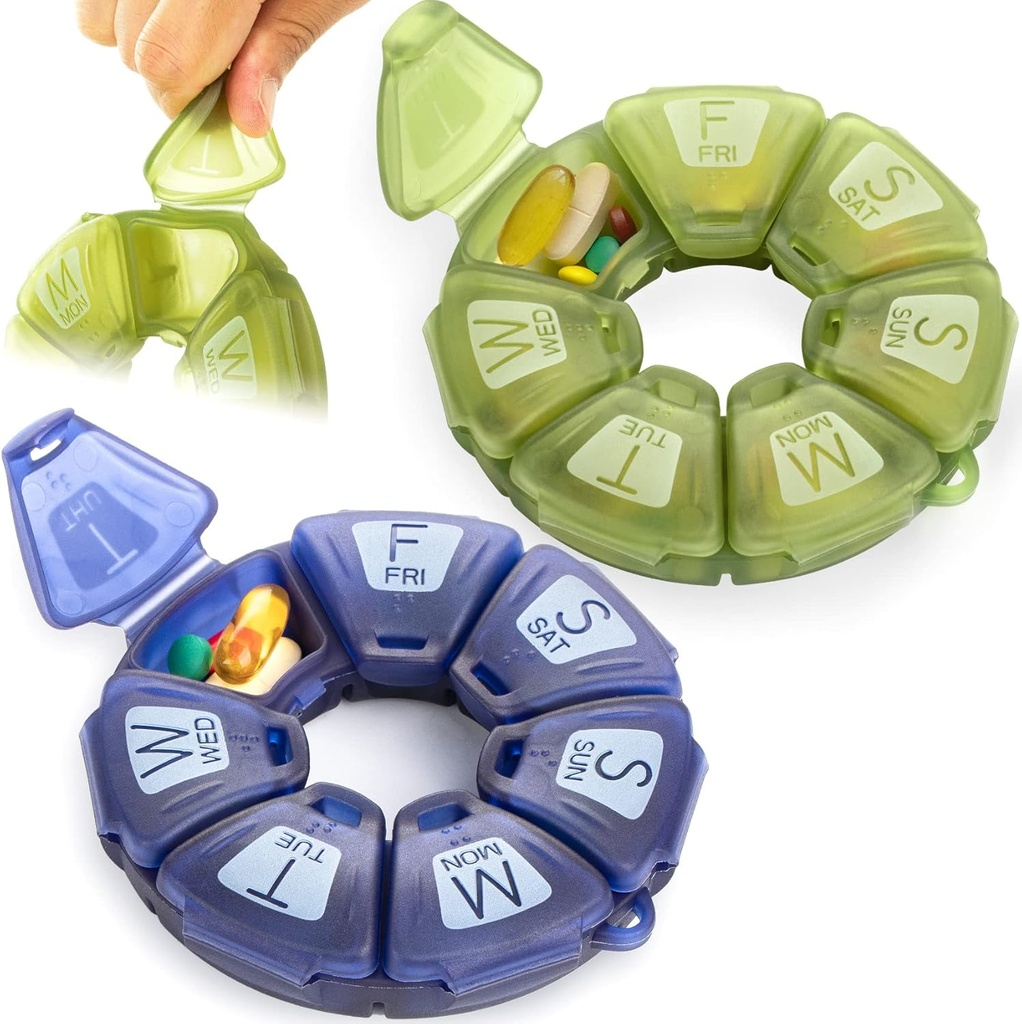 Round tedenske tablete Organizator, TPU Gumirani, Travel Pill Container 7 dan, s 7 Velikimi predelki, Super za dnevne vitamine in dodatki, Cute Pill Case z velikimi črkami in Braille (2 kos)