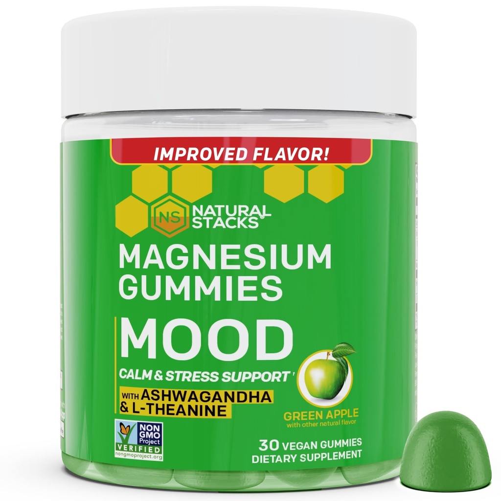 Mood Magnezij Gumies - 200mg Magnezijev Citrat & 125mg Sensoril Ashwagandha Gumies - z L Theanine za mirno in stresno podporo - Mag Citrat in Ashwagandha dodatek - 30 Zelena Apple žvečilke