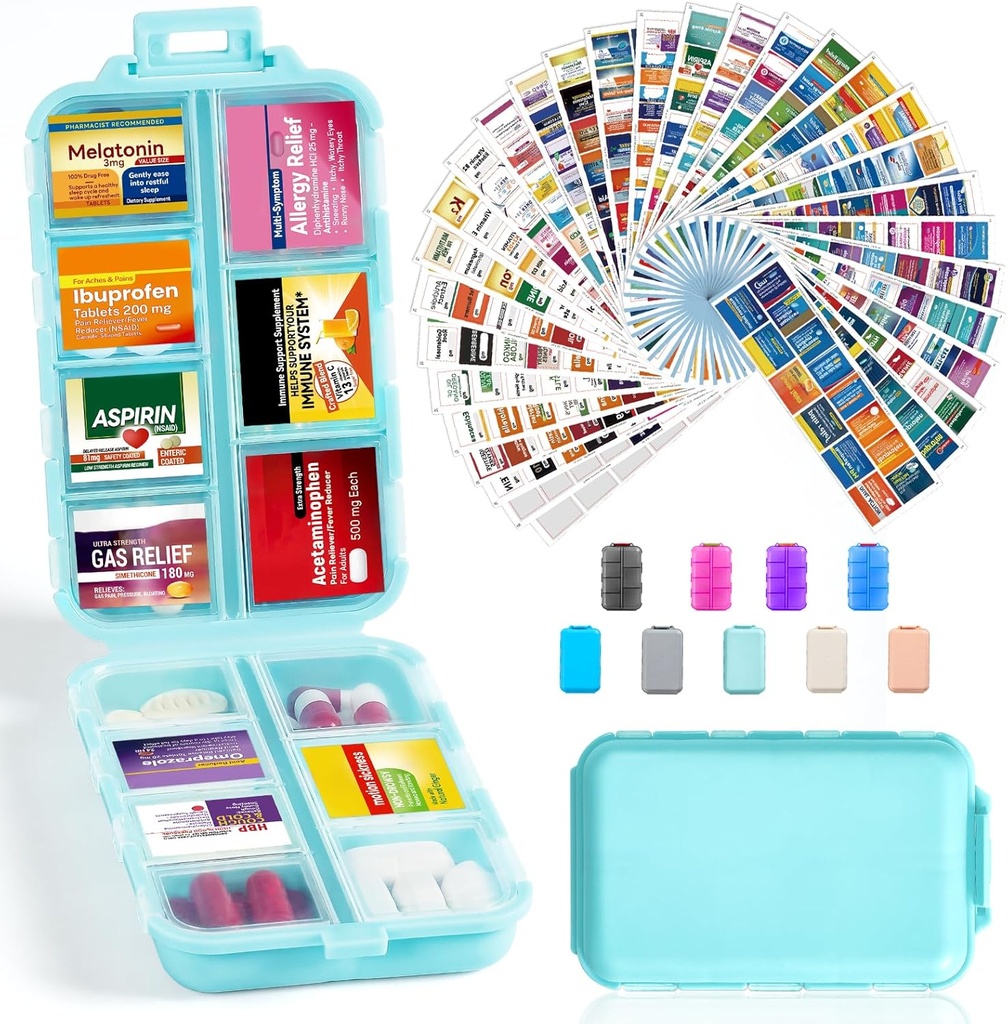14 Mreže Travel tablet Organizator Box z 415-Pcs Medicine Ime Nalepke - Pocket Daily Lekarna Case Container Kit - Travel Medicinal Holder Dispenser for Fish Oil Vitamin dodatek shranjevanje - Sky Blue