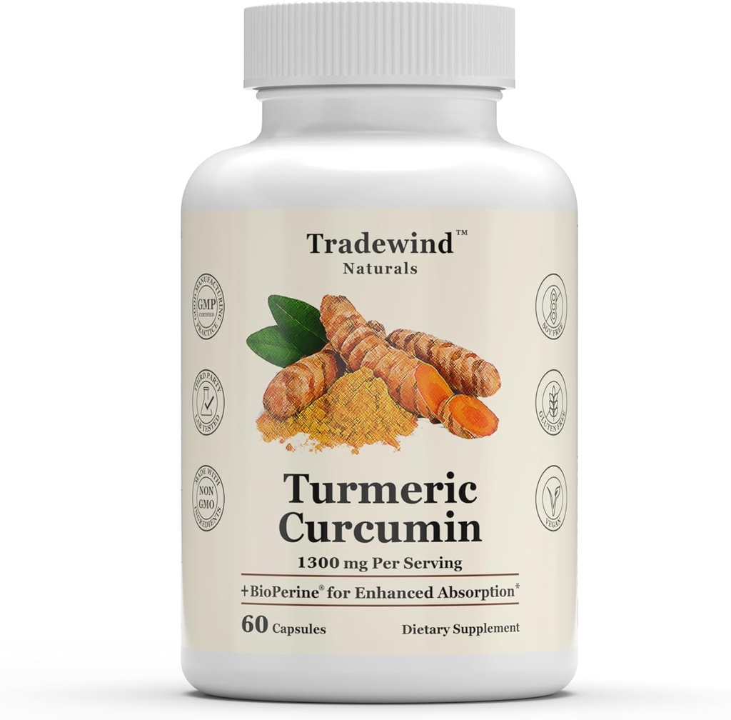 Kurkumin 1300mg - Premium Kurkumin s 95% Curcuminoidi & BioPerine Black Pepper Extract - Izboljšana absorpcija - Non-GMO - 60 Zelenjavne kapsule - Izdelano v ZDA