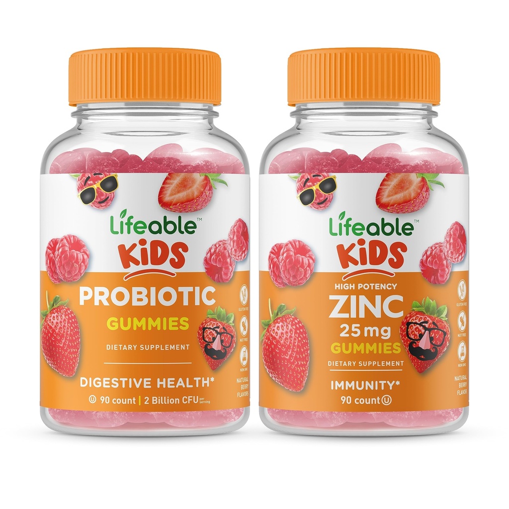 Lifeable Probiotic 2 milijarda CFU otroci + cink 25mg otroci, Gummies Bundle - odličen okus, Vitamin dopolnilo, Gluten brezplačno, GSO brezplačno, Žvečljivi gumijasti