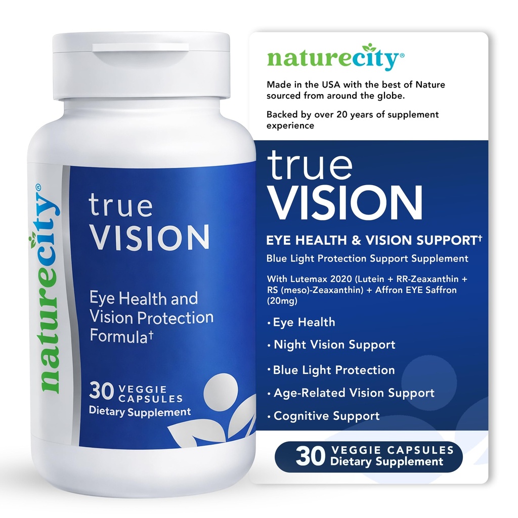 NatureCity True-Vision Eye Health Supplement - rastlinsko-bazen lutein in Zeaksantin z visoko jakostjo Saffron 20mg - Modra svetloba zaščita, podpora centralni in nočni vid (30 Veggie kapsule)