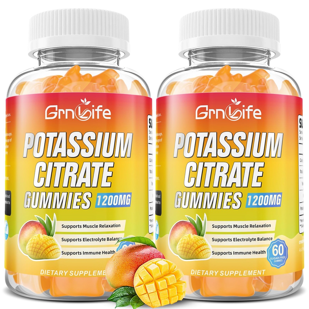 Kalijev citrat Gumiji, Visoko Kalijev dodatek Gumiji 1200mg Podpora Kramps in mišično zdravje, Kalijev Gumies za odrasle & otroke, Vegan, Mango Flavor 120 Število