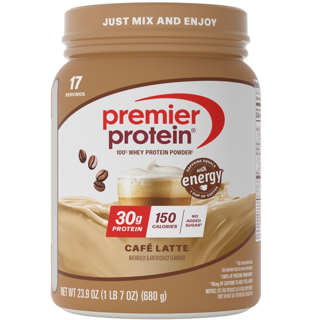 Premier Protein Powder, Café Latte, 30g Protein, 1g Sladkor, 100% Whey Protein, Keto Friendly, Gluten Free, No Soy, 95mg Kofein za energijo, 23.9 oz (17 Servings)