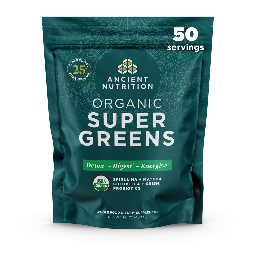Ancient Nutrition Super Greens Powder, Organic Superfood Powder s probiotiki, izdelanimi s Spirulina, Klorella, Matcha, in Digestive Enzymes, 50 Servings, 14.1 oz