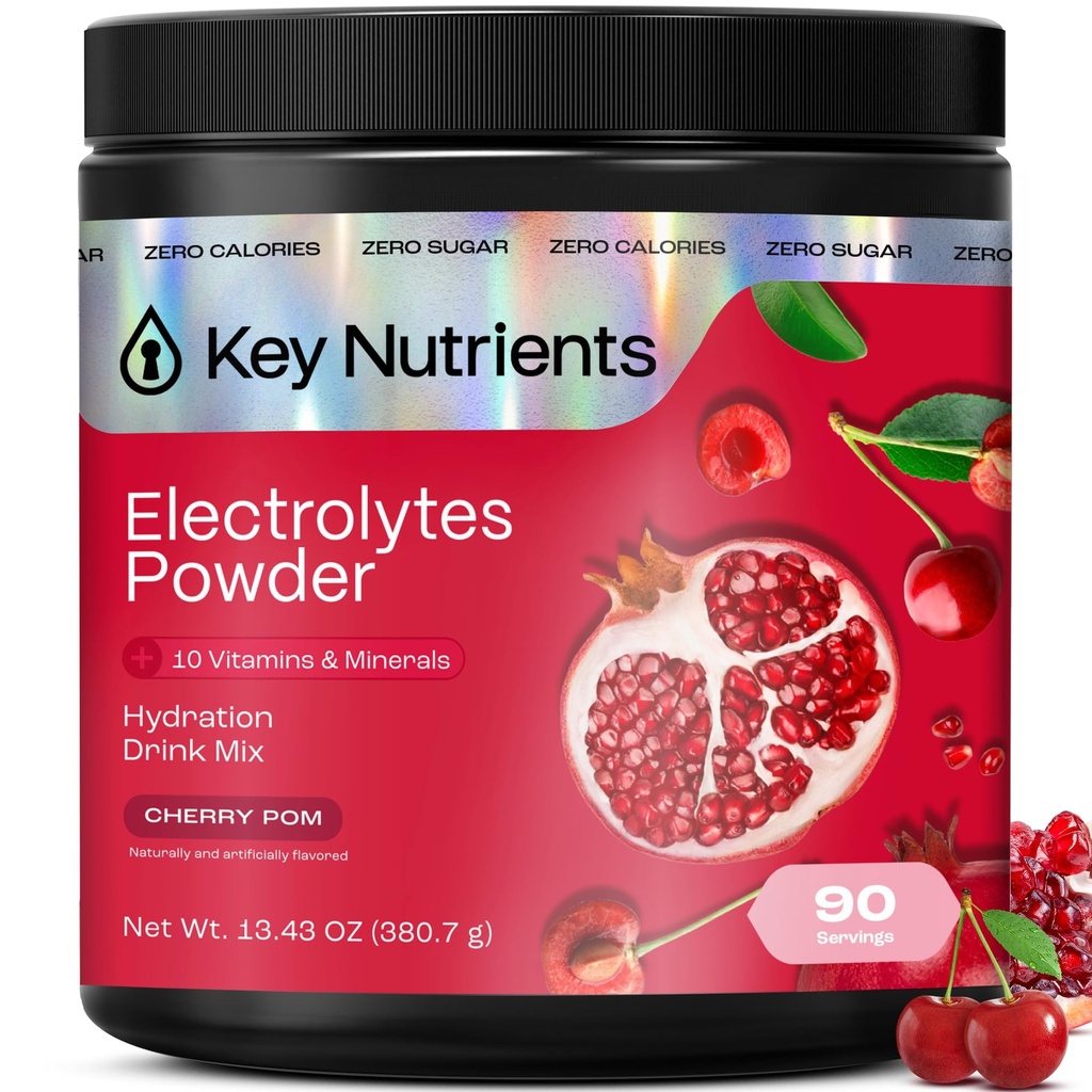 KLJUČNI HRANILCI Multivitaminski elektroliti v prahu Brez sladkorja - Sweet Cherry Pom Electrolyte Powder - Endurance & Energy Supplement - Hidracija v prahu - Brez kalorij - 90 Serving - Made in USA