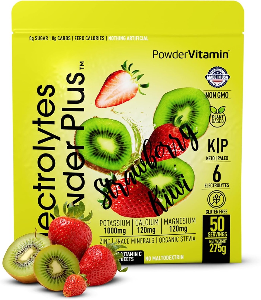 Elektrolitski prašek Plus (50 servingov), 0 Calorie Keto, 0 Sladkor, št. maltodekstrin,1000mg kalij,120mg kalcij,120mg magnezij, hidracijski prašek (50 servingov, jagodni kivi)