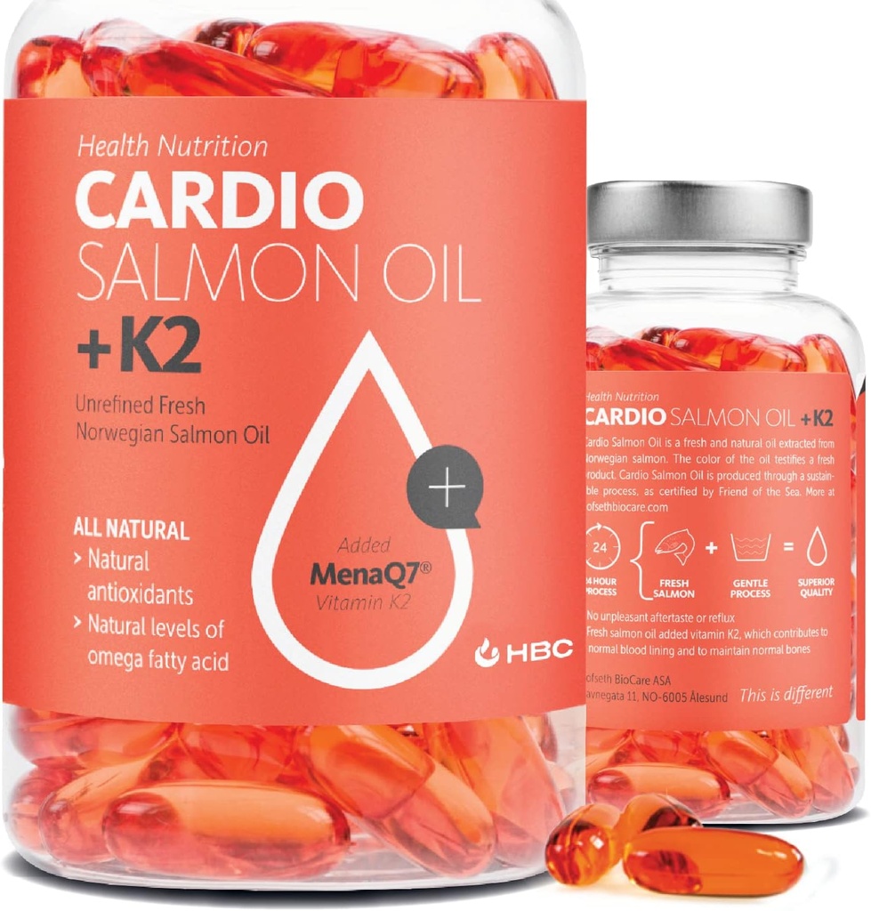 Visoka moč Omega 3 ribje olje z vitaminom K2-1000mg, norveškega lososovega olja, EPA & DHA, Burpless, Omega 3 Maščobne kisline dopolnilo za oči, možgane, srce in imuniteto - 90 kapsul - Cardio