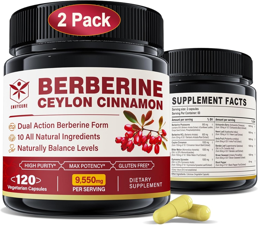 Berberine Dodatek 1500mg s Ceylon Cinamon, Bitter Melon, Banana Leaf & Botanic Extract za imunski podporo in upravljanje telesa, 10- v-1 Formula z Berberine HCL, Non-GMO, 240 Veggie kapsule