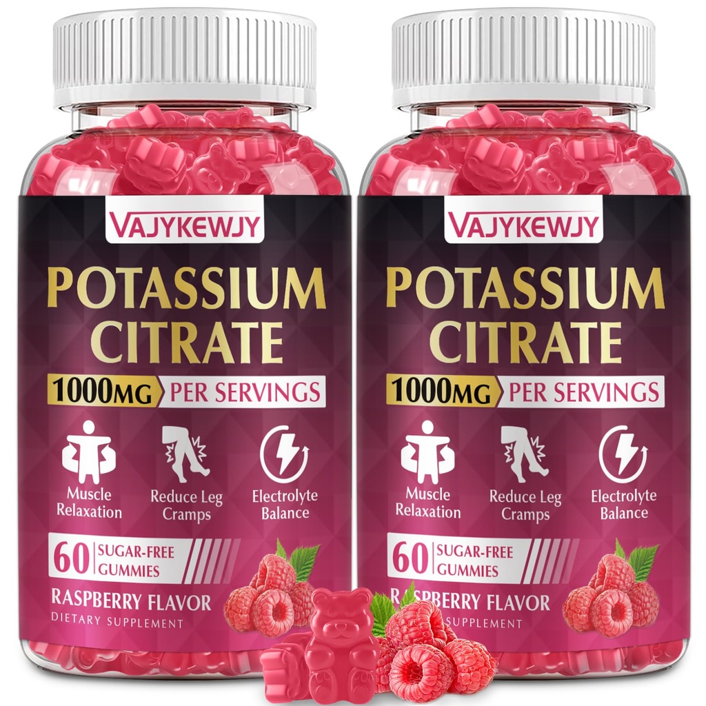 2 Pack Potassium Citrate Gummies, High Potassium Supplement (1000mg), Supports Leg Cramps & Muscle Health, Suitable for Adults & Kids, Vegan, Non-GMO, 120-Count