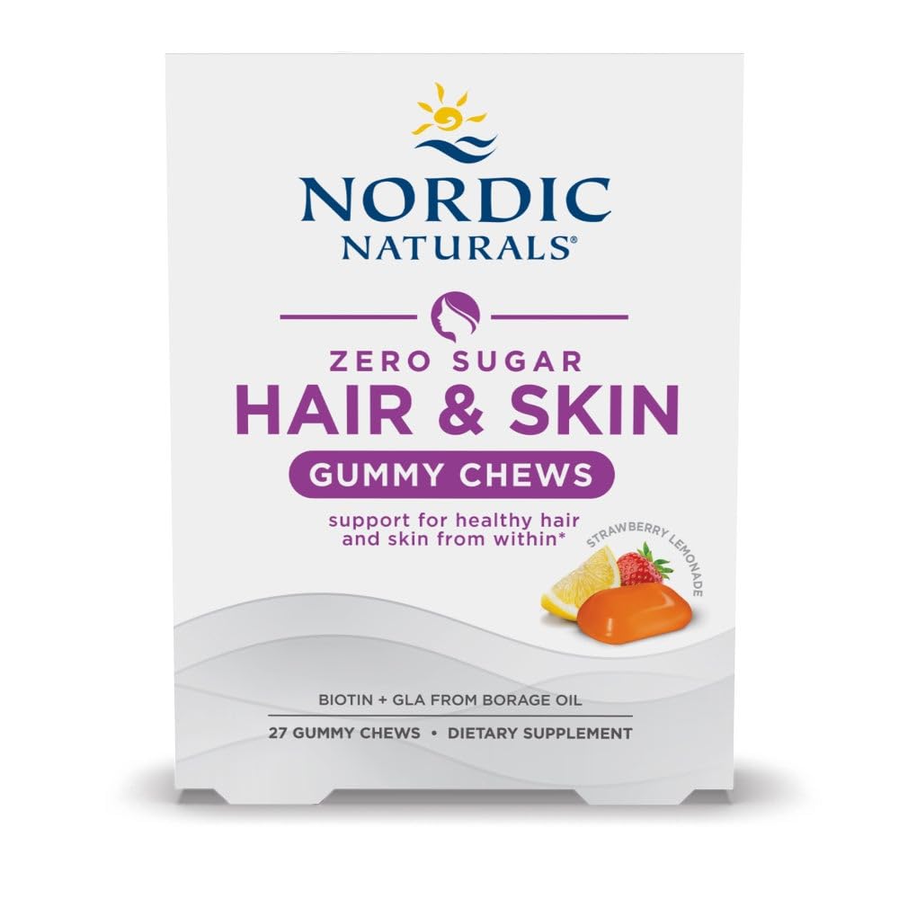 Nordic Naturals Zero Sugar Hair & Skin Gummy Chews, Jagodna limonada - 27 Gummy Chews - Biotin + GLA iz Borage Oil - spodbuja zdravo ravnovesje maščob v koži - Non-GMO - 27 Servings