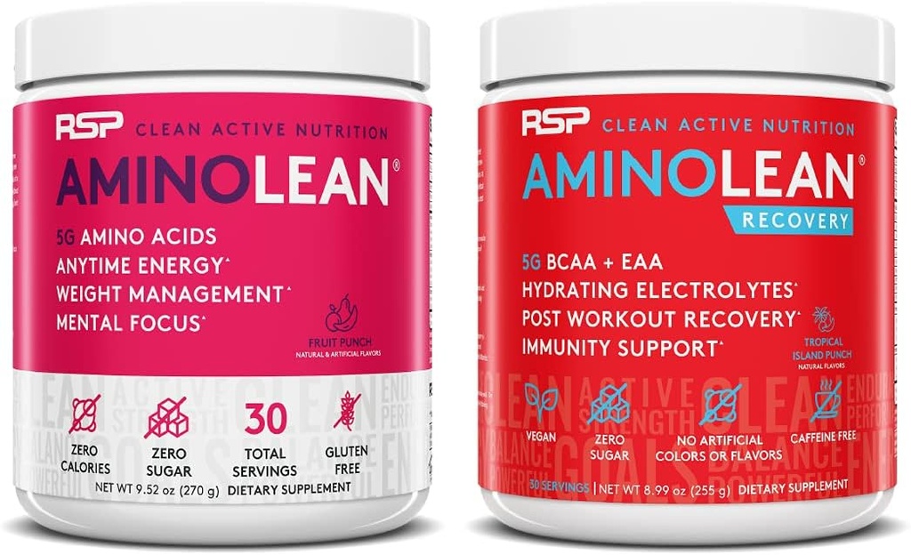 RSP NUTRITION AminoLean Pre Workout Energy (Fruit Punch 30 Servings) z AminoLean Recovery Post Workout Boost (Tropical Island Punch 30 Servings)