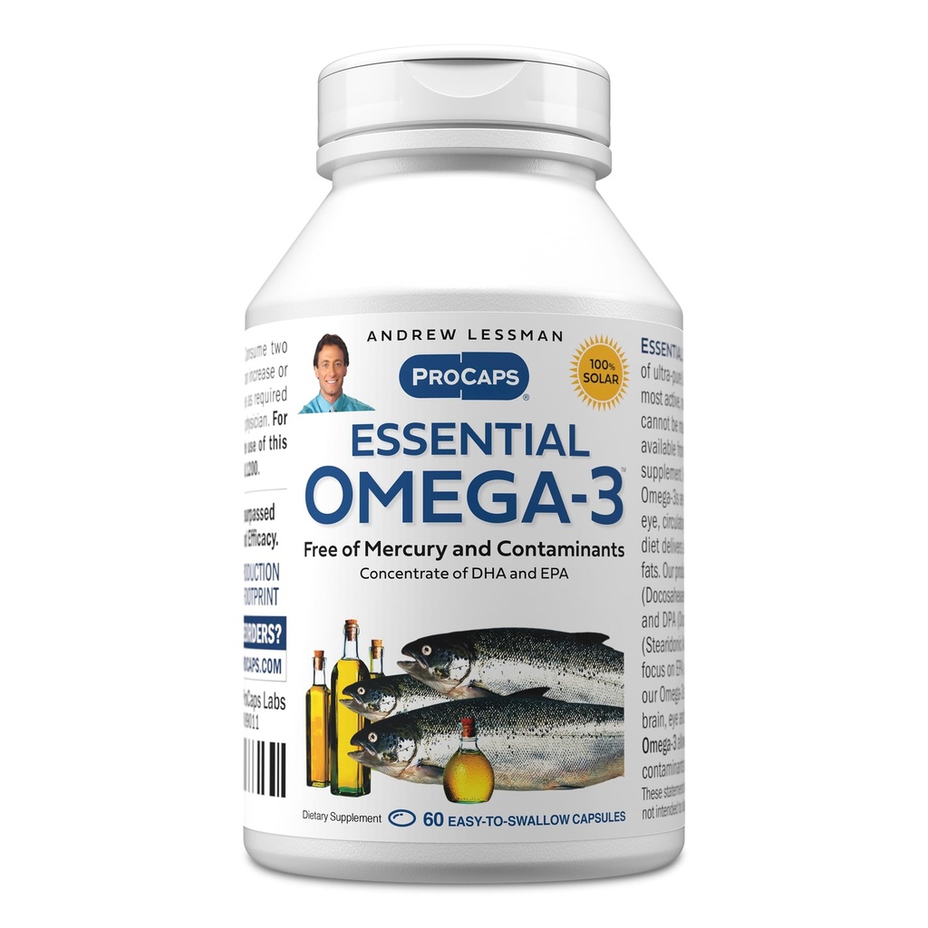 ANDREW LESSMAN Essential Omega-3 Unflavored - 60 Softgels - Ultra-Pure, Omega-3 Oils. Visoka DHA, brez želodčne vstaje, brez onesnaževalcev, brez živega srebra. Majhen, enostaven za požiranje softgels