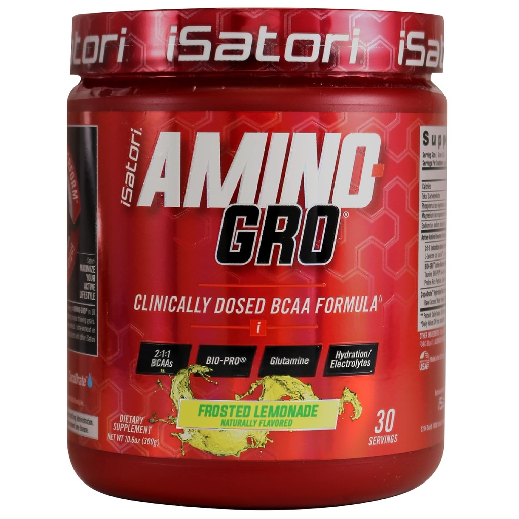 iSatori Amino-GRO BCAA prašek, razvejane verige aminokislin z glutaminom, elektrolitski prašek in bio-GRO bioaktivne peptide za rast mišic in po treningu regeneracija, zmrznjena limonada (30 strežb)