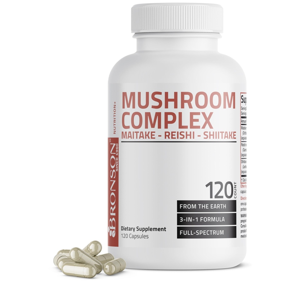 Bronson Triple Gobe Complex - Maitake - Reishi - Shiitake - Močen antioksidant in imunski sistem Booster - Polni spekter gob Complex - 600 mg Kapsule - 120 Število