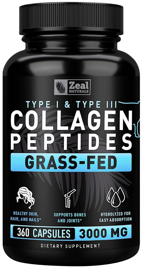 Zeal Naturals Kolagen Peptide Kolagen tablete (360 kapsul) Grass Fed Kolagen Pepetide v prahu - hidroliziran kolagen v prahu za JointTendon dodatekKoža in nohti -