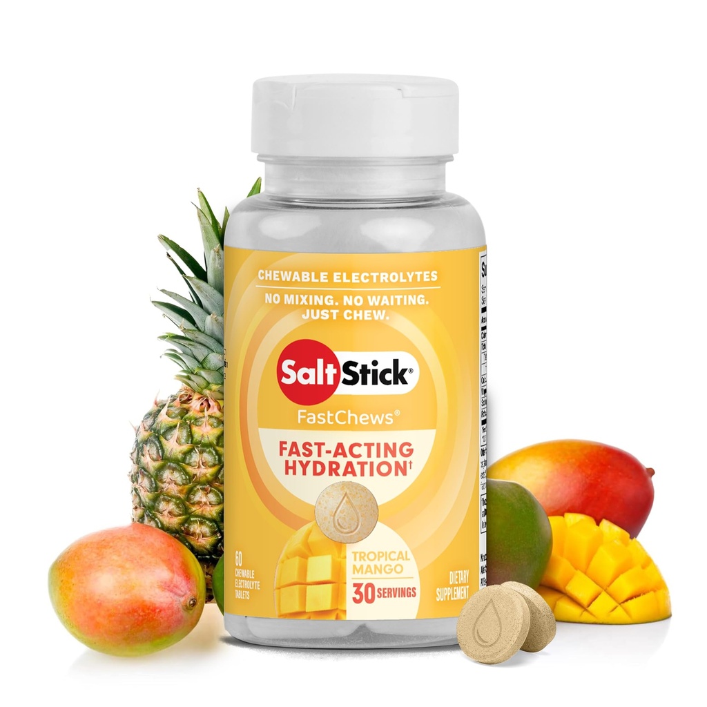 SaltStick Electrolyte FastChews - 60 Tropical Mango Žvečilni elektroliti - Sol Tablete za tek in hidracijo, Elektrolit Chews - 60 Število