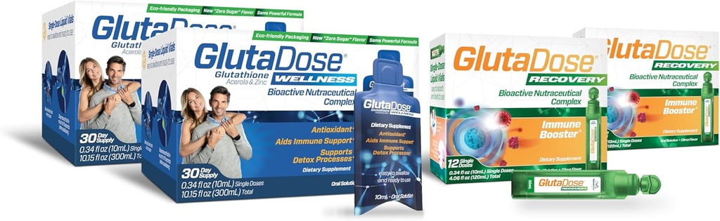 GlutaDose Ultimate Imune Boost & Daily Detox Bundle, Cold & Flu recovery, Imune & Energy Support, Glutation, Astragalus, Echinacea, Acerola (1.000 mg mešanica), Selen, cink, tekoči dodatki
