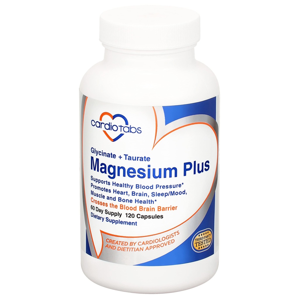 Magnezij Plus – 200 mg magnezijevega glicinata in magnezijevega taurata za krvni tlak, srce, možgane, podporo za spanje in razpoloženje – visoko koncentrirano in dobro absorbirano - 120 kapsul