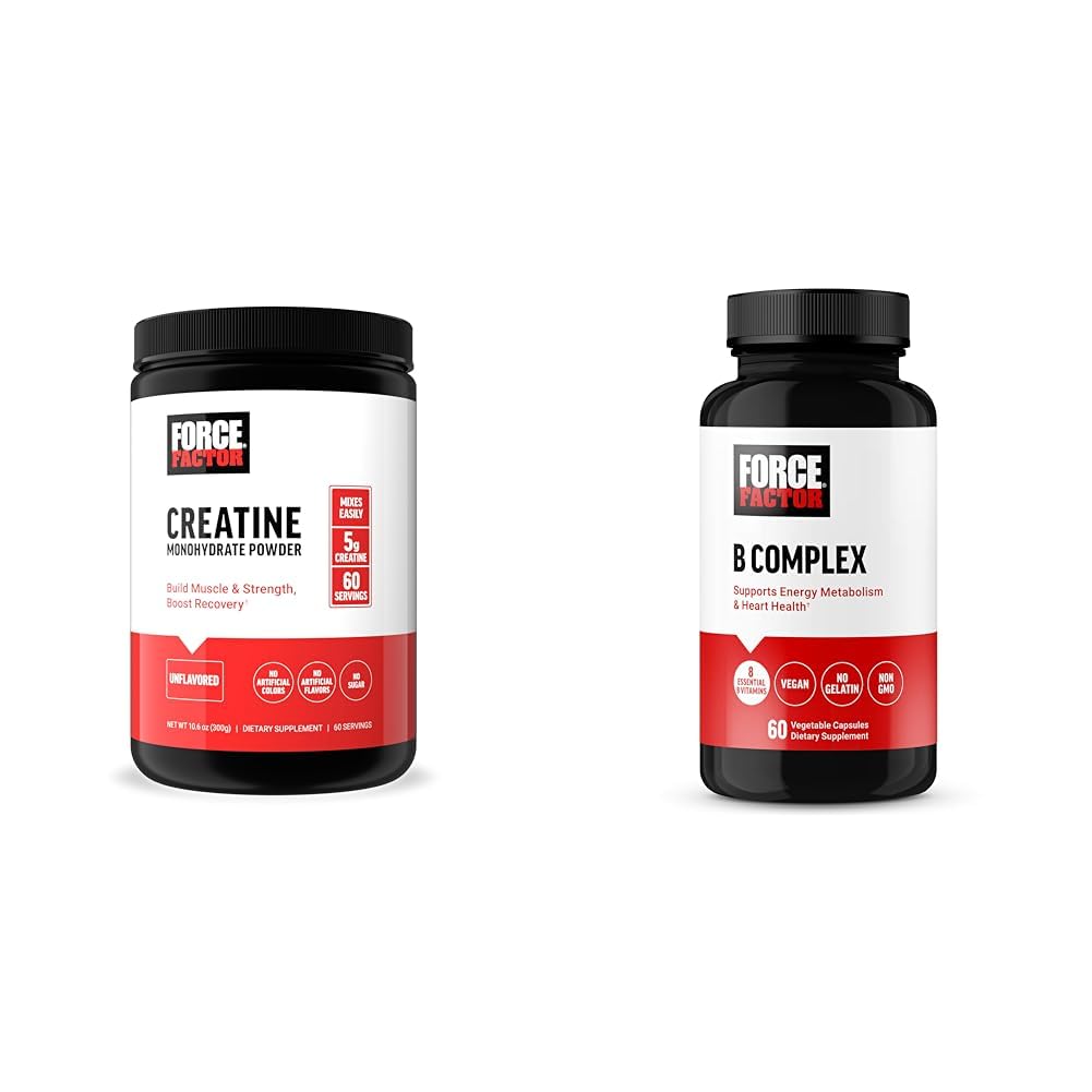 Force Factor Creatine Powder 60 Serving in vitamin B kompleks 60 Kapsule paket za pridobivanje mišic, moč, energijo in hitrejše okrevanje
