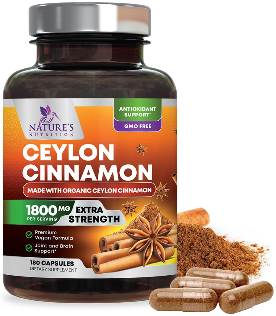 Organski Ceylon Cimet Dodatek 1800mg - Certified Organic Ceylon Cinamon Powder tablete - Energy & Heart Support za ženske in moške, ustekleničen v ZDA, Antioksidant, Gluten Free, Non-GMO - 180 kapsul