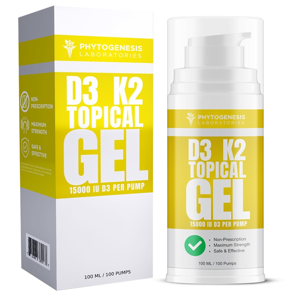 Vitamin D3 K2 Največja jakost Topični gel - 15000+ IU Na črpalko - Sunshine Vitamin - Podpira zdravje kosti in sklepov, Imunska podpora - En mesec dobave