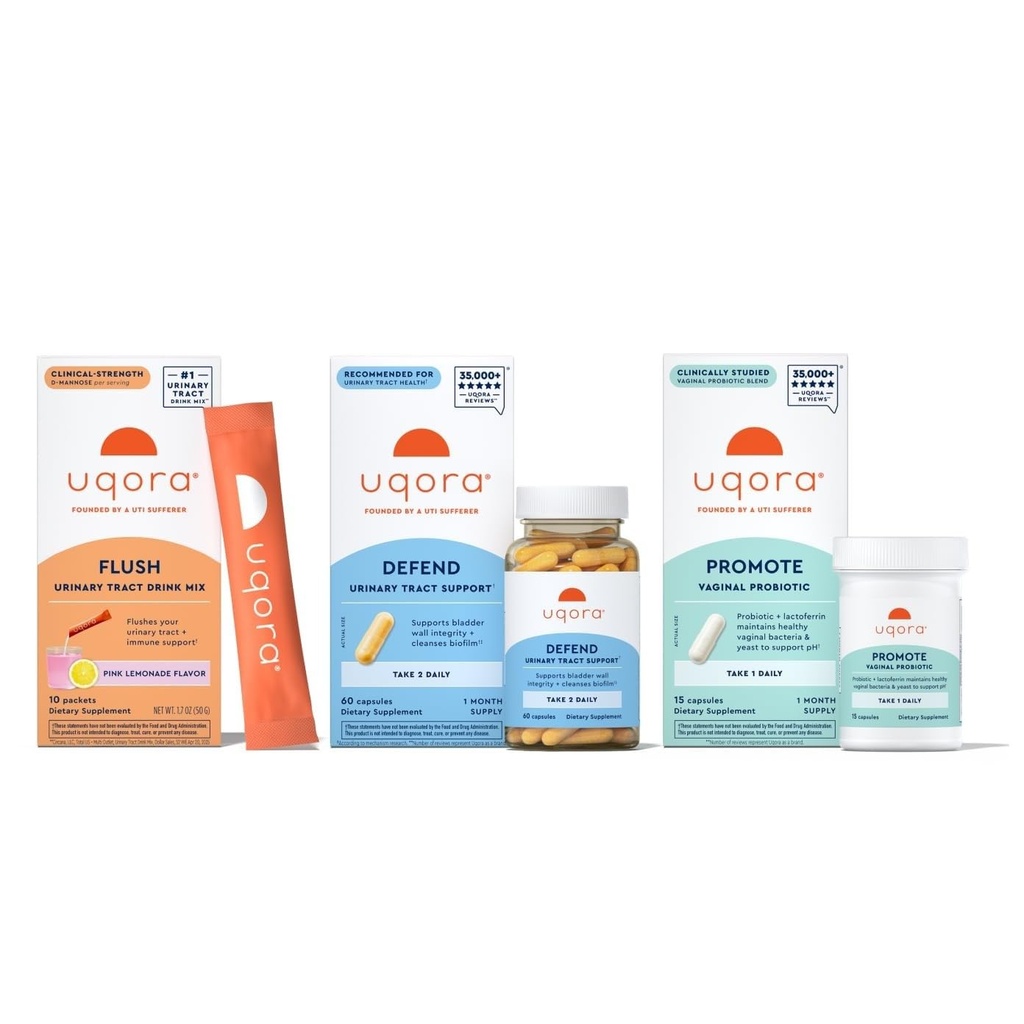Uqora Complete Regimen z Flush, Defend & Promotion - Sečni trakt Podpora z D-mannose, Vitamin C, izvleček zelenega čaja, Probiotiki & Več - Celovit Bladder Health Support* - 3-delni paket