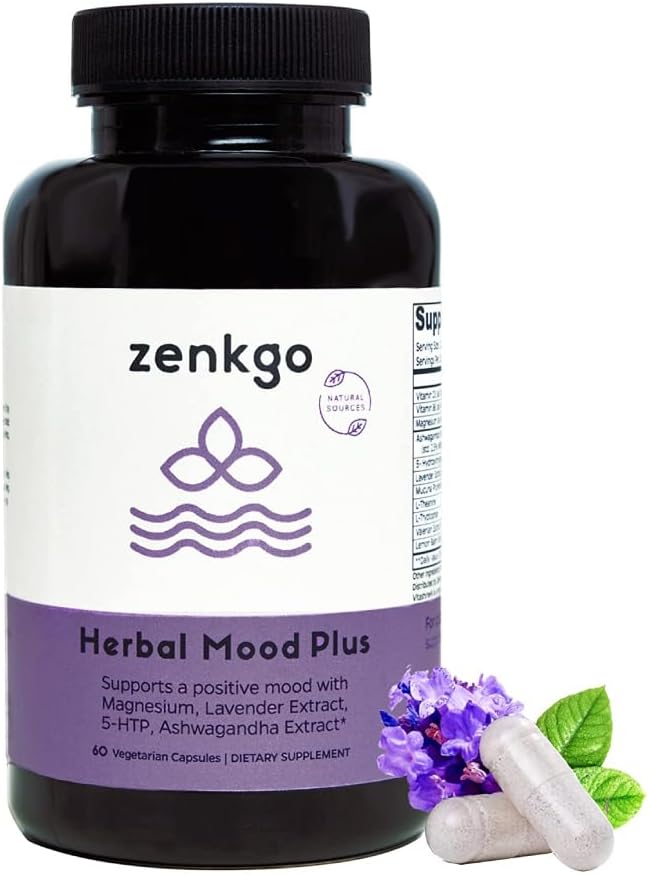 Zenkgo Ashwagandha, 5-HTP, sivka, Mucuna, L-triptofan - dodatek za podporo razpoloženju, rastlinska osnova, zeliščni razpoloženj Plus pomaga pri mirnem umu in stresu, čustveni blarance, pozitivnost (60Ct/30Day)