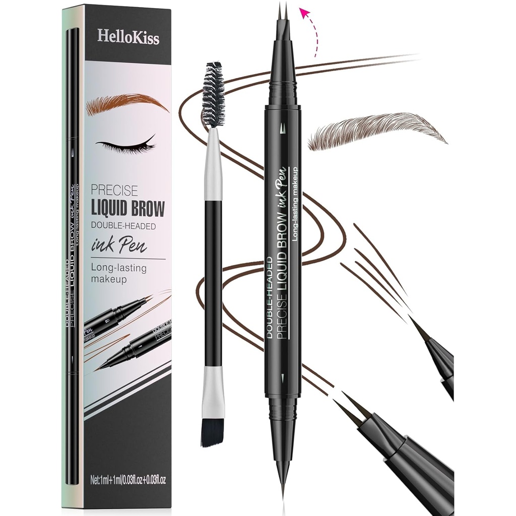 9708 2-Tip dvonadstropni injekcijski peresnik, 2-v-1, z čopičem za oči. Vodoodporni in poteči dokaz, natančna tekoča brow, 5 Shades, dolgotrajna (3# Temno rjava)