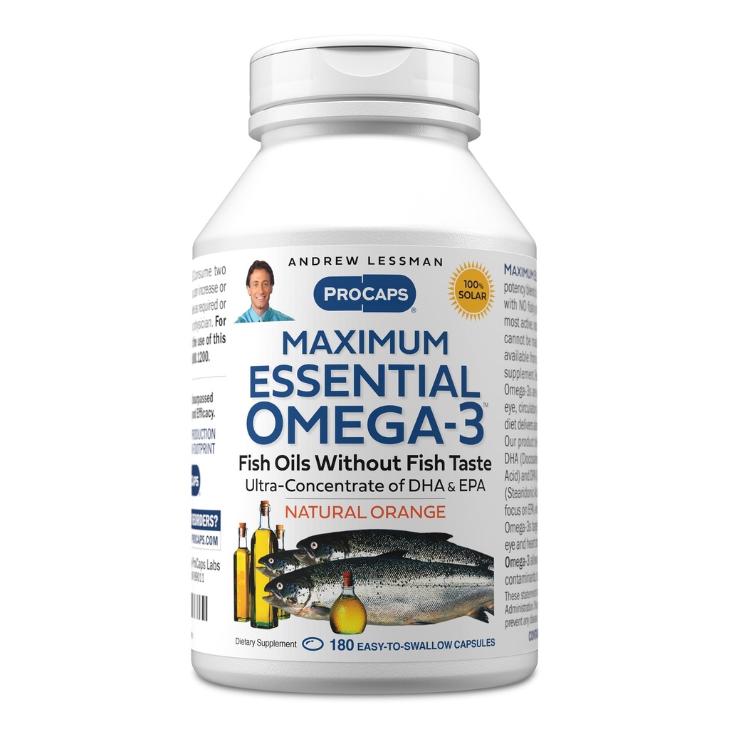 ANDREW LESSMAN Maxim Essential Omega-3 Orange - 180 Softgels - Ultra-Pure, Omega-3 Oils. Visoka DHA, brez želodčne vstaje, brez onesnaževalcev, brez živega srebra. Majhen, enostaven za požiranje softgels