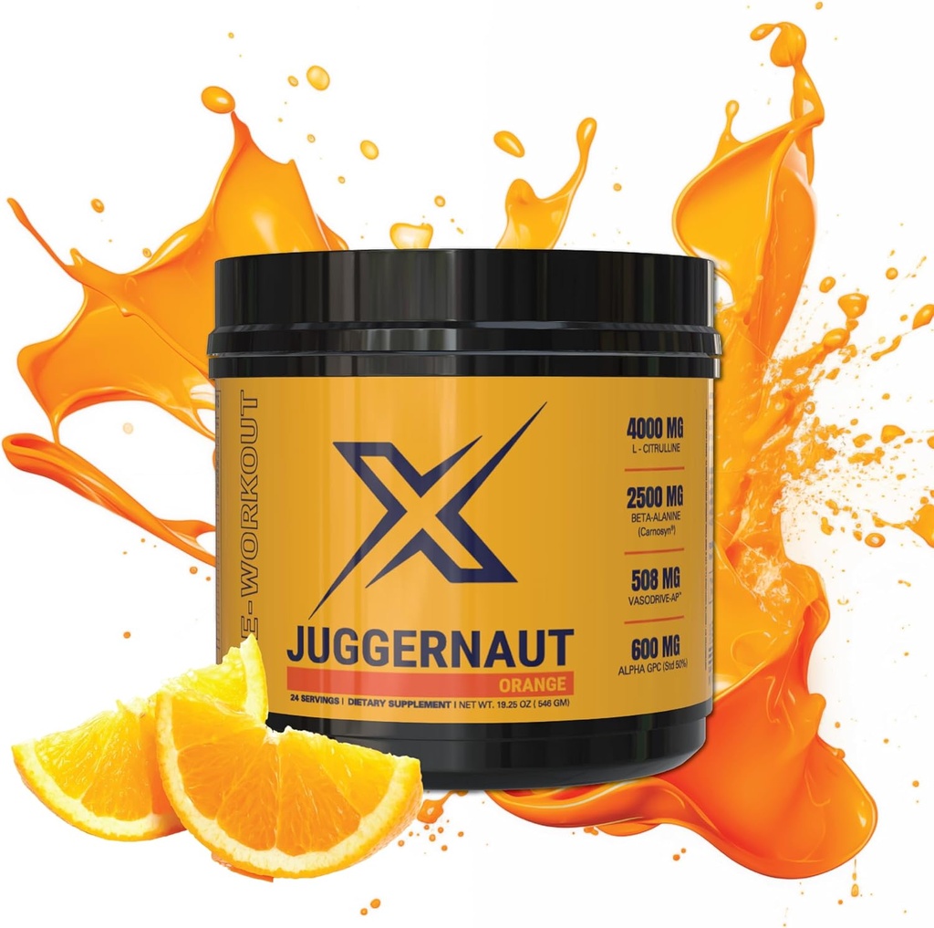Juggernaut X Pre-Workout dodatek (Orange) - Poveča moč, vzdržljivost, Energija - L-Citrulin, Beta-Alanin, Kreatin, Okrepljeno z VazoDrive za podporo krvnega tlaka - 30 Servinges