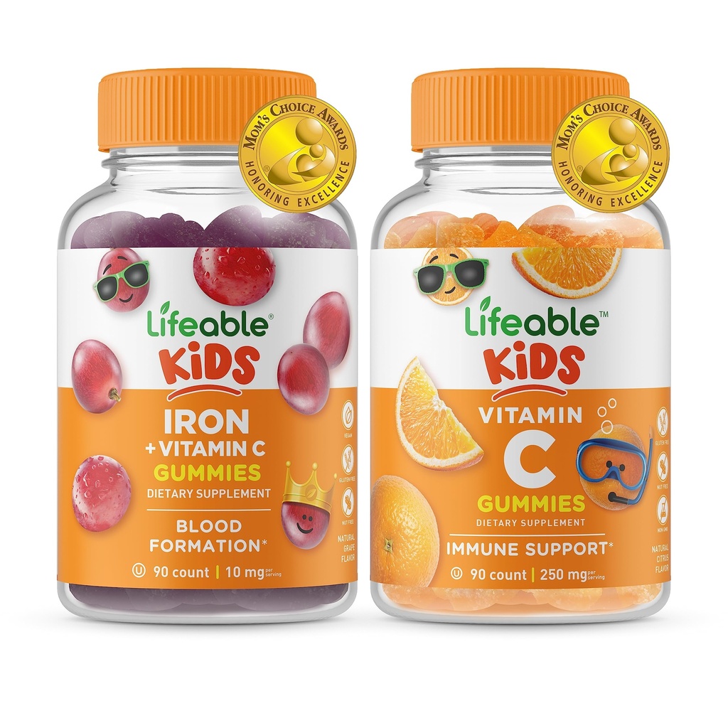 Življenjski Iron & Vitamin C Otroci + Vitamin C Otroci, Gummies Bundle - odličen okus, Vitamin dopolnilo, Gluten brezplačno, GSO brezplačno, Žvečljivi gumi
