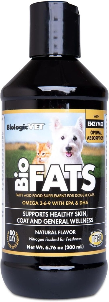BiologicVET BioFATS - vsebuje Omegas 3, 6 & 9 - z EPA, DHA & ALA - za pse in mačke - Skin & Joint Health Support - Vključuje ribe, laneno seme in oljčno olje - 6.76 fl. oz.