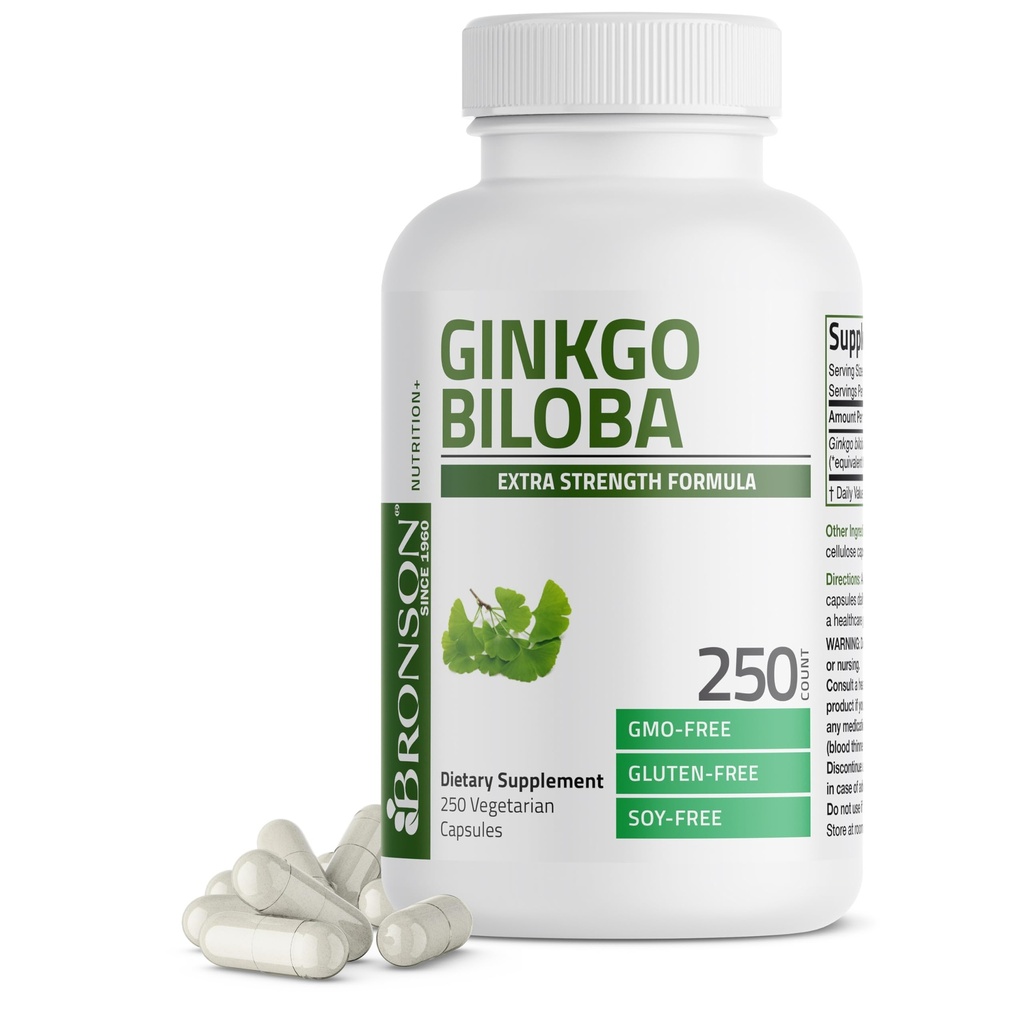 Bronson Ginkgo Biloba Dodatna moč podpira delovanje možganov in podporo pomnilniku, 250 vegetarijanske kapsule
