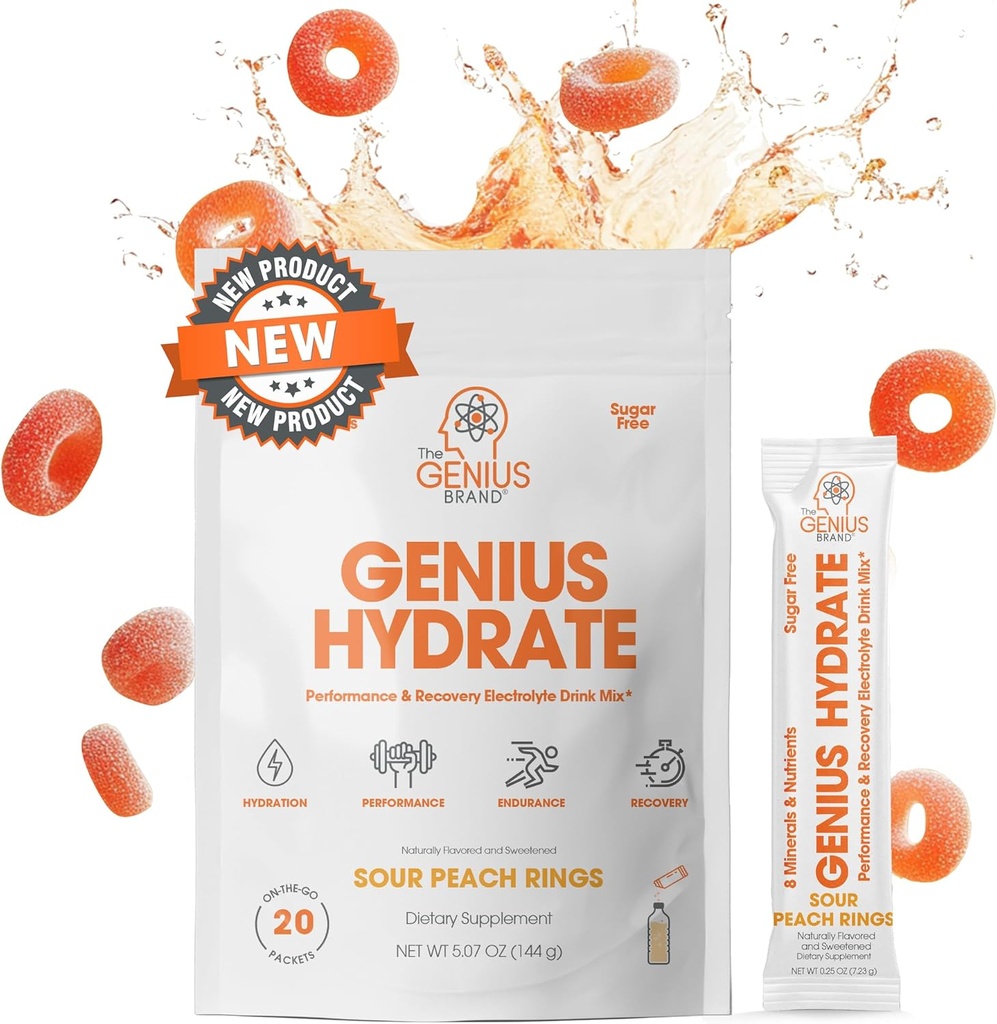 Genius Brand Genius Hydrate - Elektrolitski dodatek za dnevno hidracijo - Kokosova voda - brez sladkorja - 8 Eteričnih mineralov & hranil - Non-GMO - Sour Peach obroči - 20 Servingov