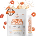 Genius Brand Genius Hydrate - Elektrolitski dodatek za dnevno hidracijo - Kokosova voda - brez sladkorja - 8 Eteričnih mineralov & hranil - Non-GMO - Sour Peach obroči - 20 Servingov