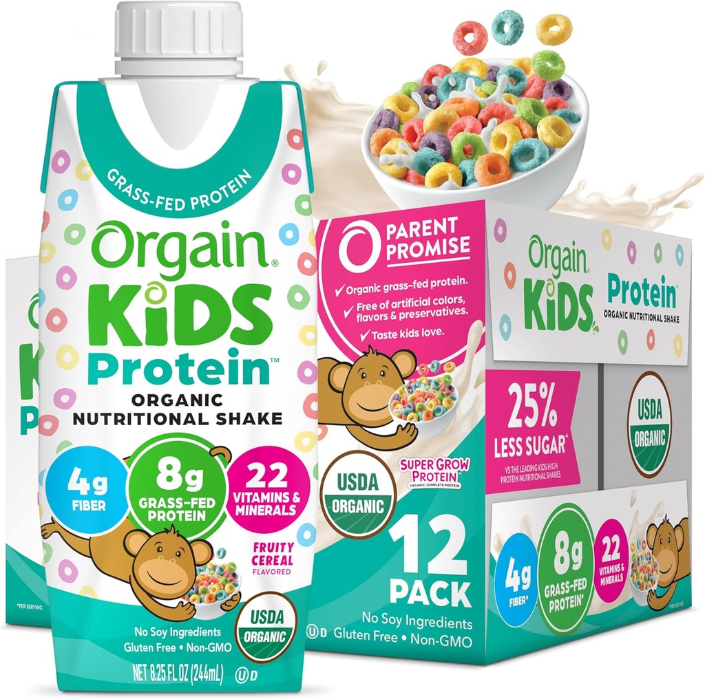 Orgain Organic Kids Nutritional Protein Shake, Sadno žito - otroci Prigrizki z 8g mlečnih beljakovin, 22 Vitamini in minerali, Sadje in zelenjava, Gluten Free, Soy Free, Non-GMO, 8.25 Fl Oz (Pack of 12)