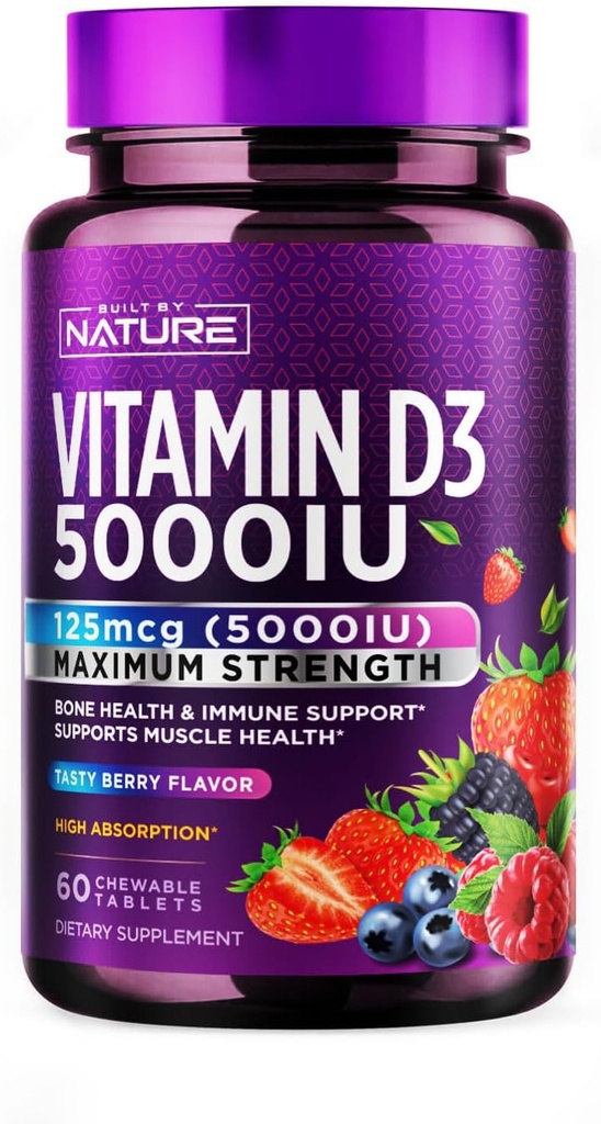 Zgrajena z naravo Žvečljivi vitamin D3 5000 i.e. - Vitamin D dodatek žvečenje – brez sladkorja in naravne jagodičje aroma - 60 tablet