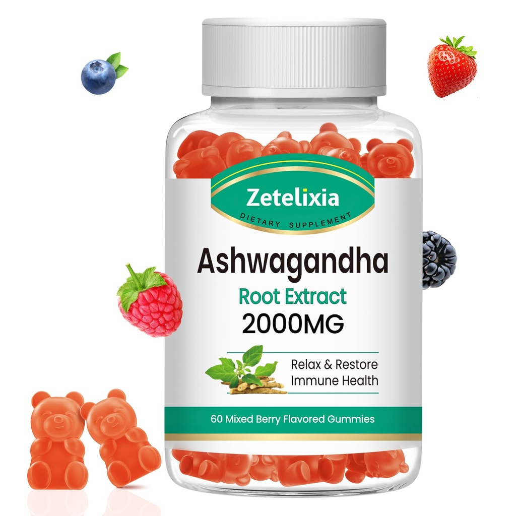 Ashwagandha Gumies, Extra Strength Vitamin D3, Organski izvleček Ashwa Root Extract dodatek za mirno Mood Relaxation & Imunska podpora, Mešane Berry Veganski sladkor brez žvečil 60 Count