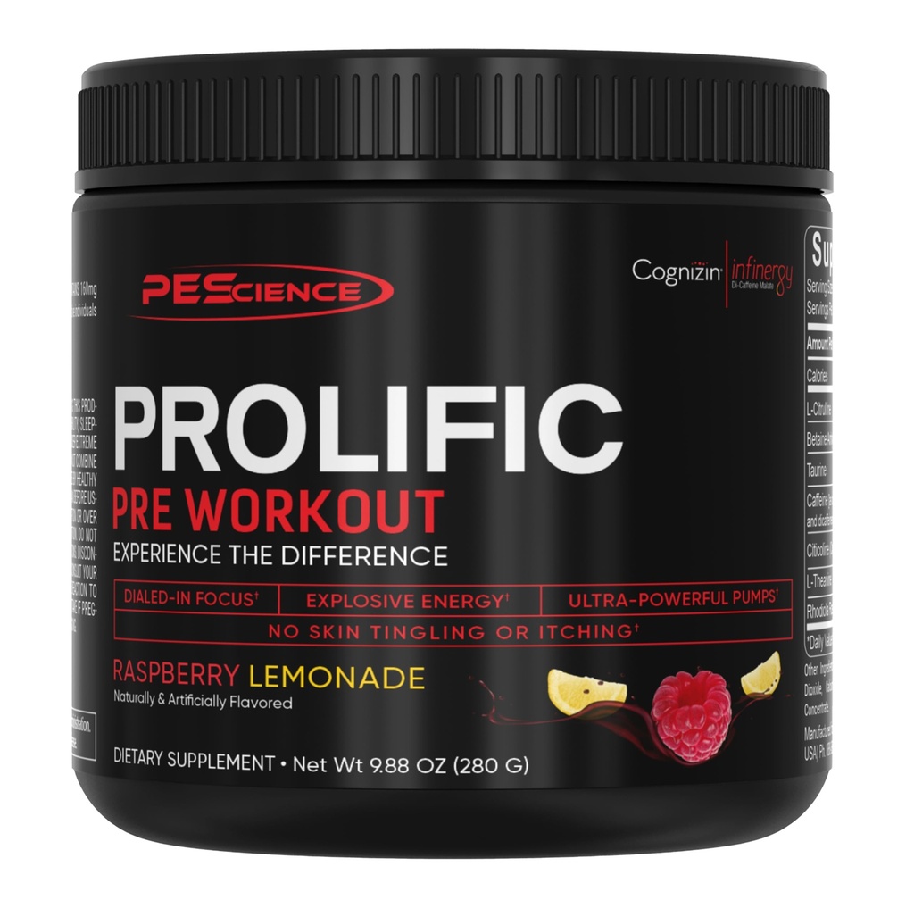 PEScience Prolific Pre Workout Powder za moške in ženske z L-citrulin dušikov oksid Booster, Energy Powder & Nootropic za Focus – Preworkout brez Beta Alanin – 40 Scoops, Raspberry Limonada
