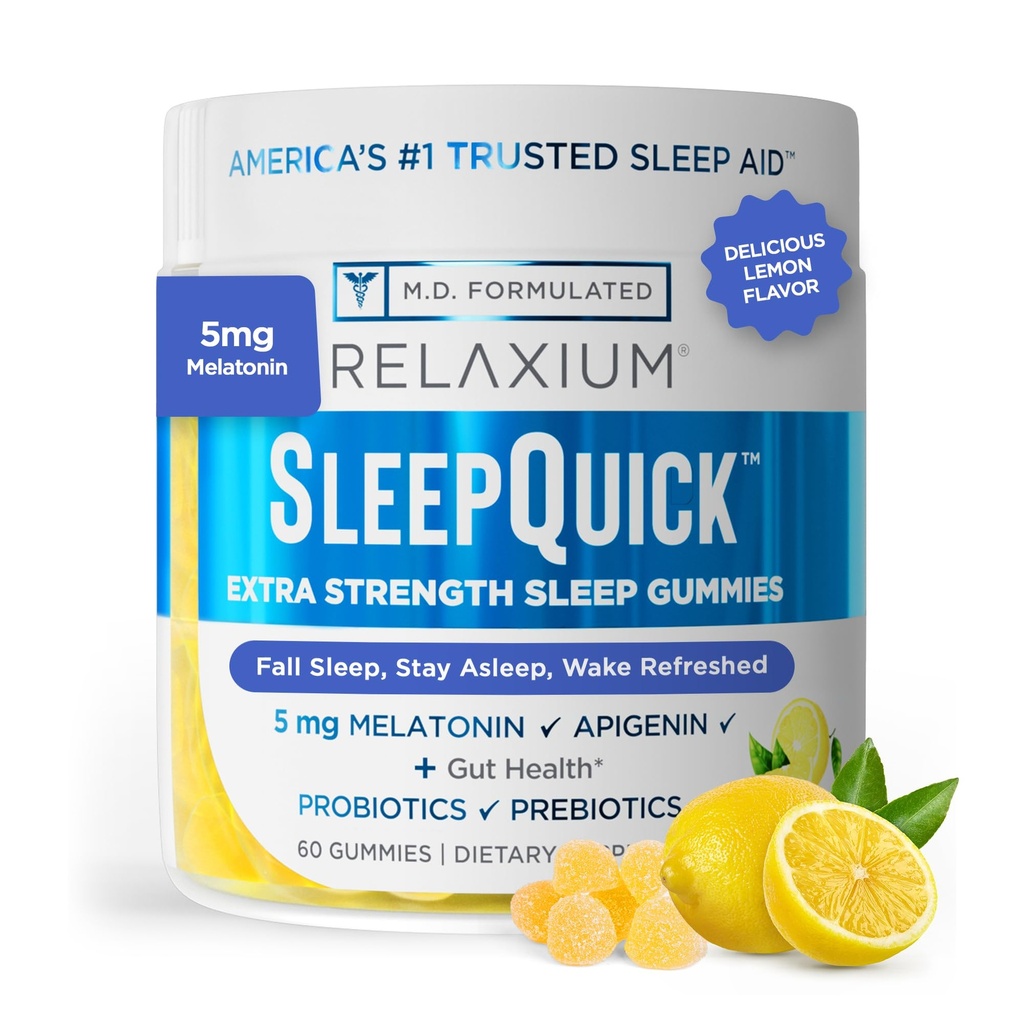 Relaxium Sleep Quick Gummy, Podpora za pomoč v spanju, 5 mg melatonin, vitamin D-3, Prebiotična in probiotična mešanica, Gluten & zdravilo, limonina aroma, 60 Gummies