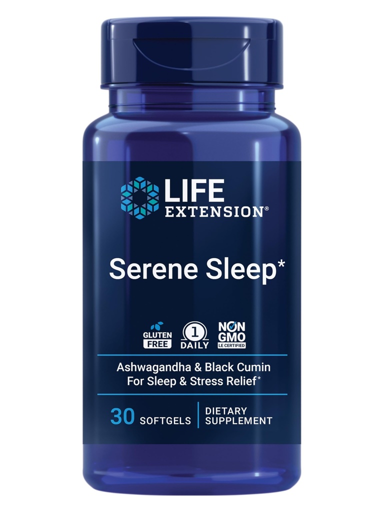 Life Extension Serene Sleep – Ashwagandha, Black Cumin – Sleep Supplement, Calm, Relaxation, Podpora za spanje brez Melatonin – Enkrat na dan, Gluten-free, Non-GMO – 30 Softgels