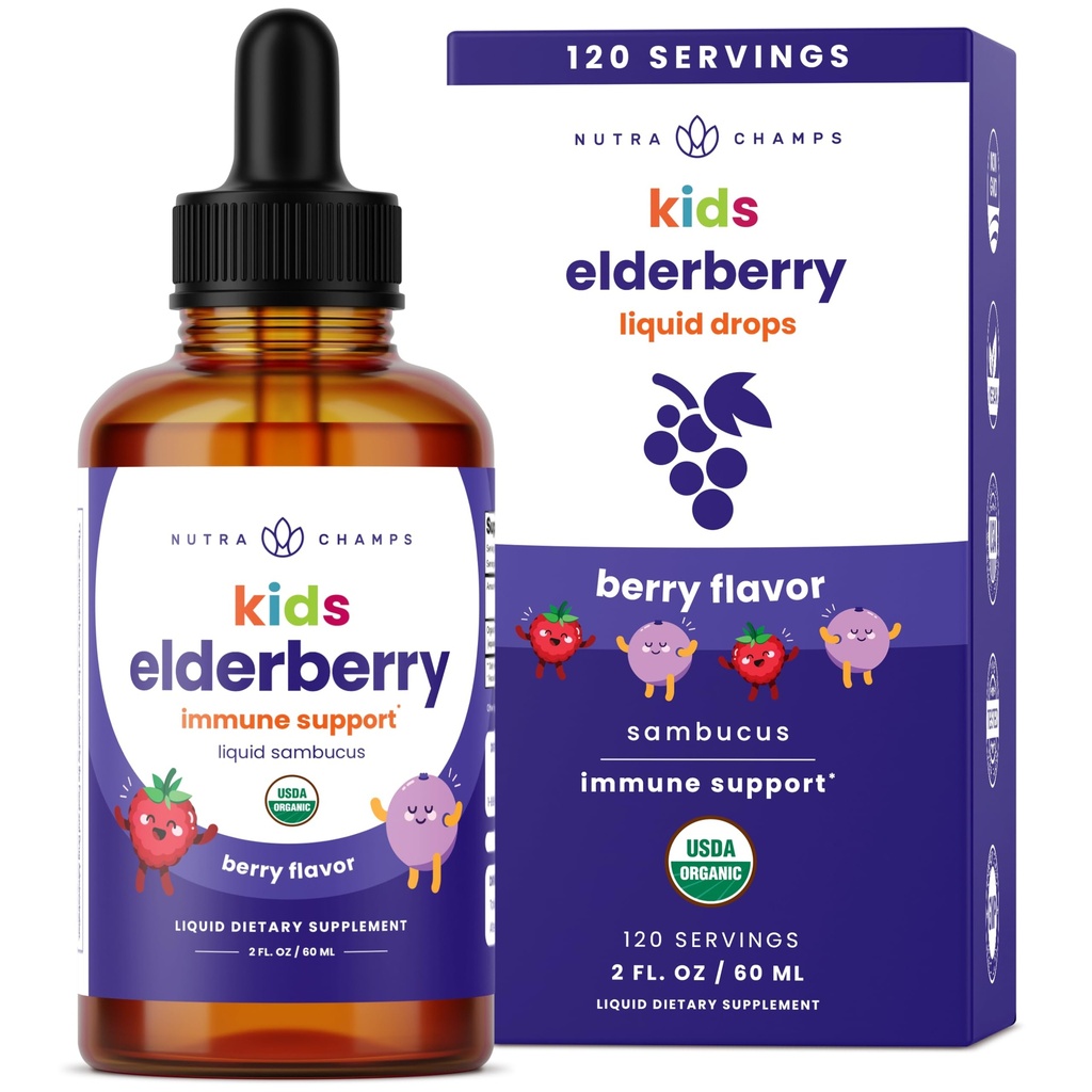 NutraChamps Črna Bezgovina za otroke Tekoče kapljice, 10:1 Izvleček Sambucus Bezgova jagoda Sirup za otroke, brez sladkorja evropske bezgove kapljice Berry Flavor, Imunska podpora, 4 Mesec zaloga