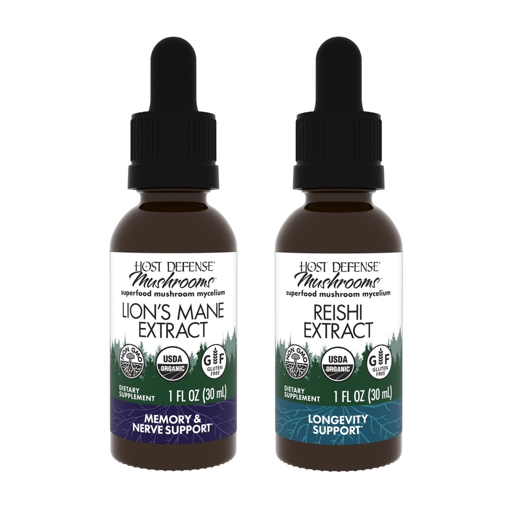 Gostitelj Obrambni paket z Lion's Mane Extract, 1 fl oz & Reishi Extract, 1 fl oz - podpora zdravje možganov, spomin in fokus - podpora srce in imuno zdravje
