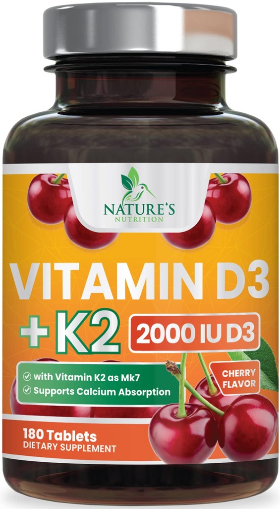 Vitamin D3 K2 2000 i.e. Plus s K2 (MK-7) 75 μg - Vitamini D & K Complex dodatek za kosti, zobe, mišice, absorpcijo kalcija, podpira zdravje imunskega sistema in srca, ne- GMO žvečljiva formula - 180 tablet