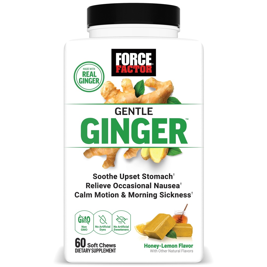 FORCE FACTOR Nežni ingver žveči za slabost lajšanje, gibanje bolezen, in jutranja bolezen, Ginger dodatek z vitaminom B6 za digestivno podporo, Non-GMO, medeno-lemon ingver aroma, 60 Soft Chews