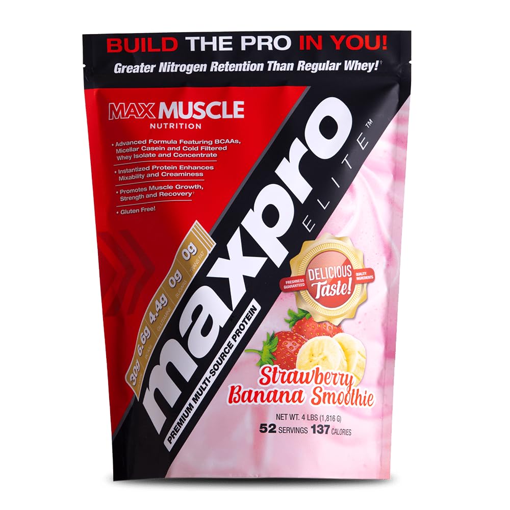 Max Muscle Maxpro Elite Whey Protein Powder | 30g Protein | 0g Sugar | 6.6g BCAAs | Micellar Casein Cold Filtered Whey Isolate Protein | Promotes Muscle Growth & Recovery (Strawberry Banana, 4lb)
