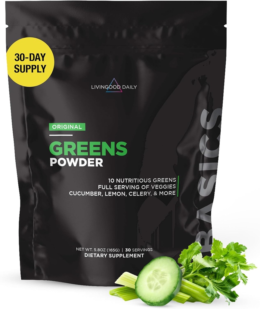 Livingood Daily Basic Greens Powder, Super Greens Drink Mešanica s Spirulina, Brokoli, Kale, pšenična trava & Klorella, organska rastlinska mešanica, Vegan, Gluten brez, ne GSO, 30 Servinga
